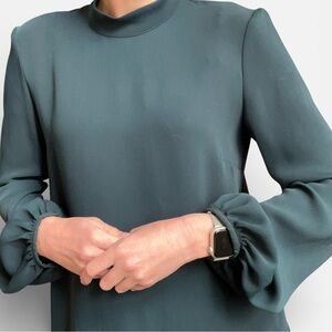 Aritzia Babaton Granados Blouse Dark Green Mock Neck Long Ballon Sleeves Small